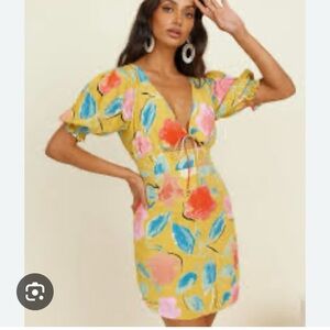Aiyana | Mustard Pink Floral Cut Out Puff Sleeve Dress New